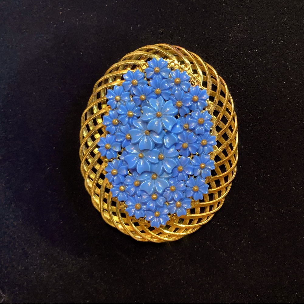 Vintage Miriam Haskell Cornflower Blue Wired Glass Flowers Brooch